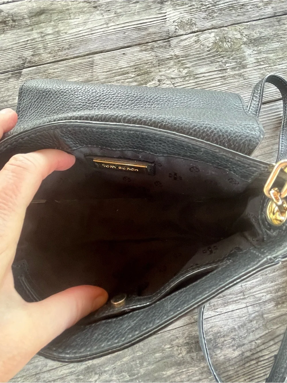 Tory Burch Black Pebbled Leather Flap Crossbody with Gold Logo